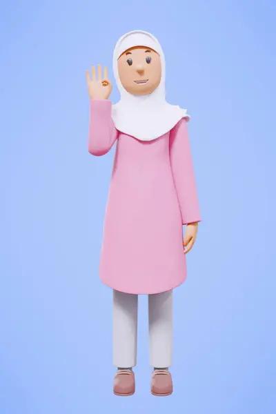 Müslüman Kadın Selamlıyor Işaret Ediyor Telefonu Tutuyor Pembe Gömlekle Gülümsüyor — Stok fotoğraf