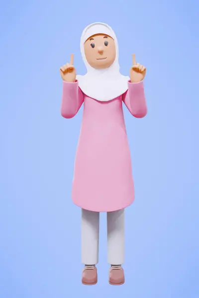 Muslimsk Kvinna Hälsning Peka Hålla Telefonen Medan Leende Med Rosa — Stockfoto