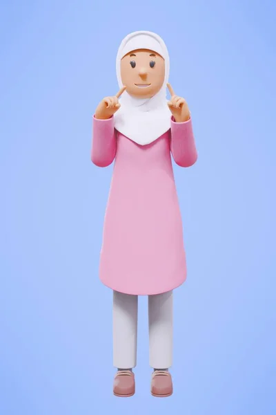 Muslimi Nainen Tervehdys Osoittaa Pitämällä Puhelin Hymyillen Vaaleanpunainen Paita — kuvapankkivalokuva