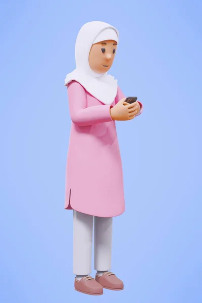 Muslimi Nainen Tervehdys Osoittaa Pitämällä Puhelin Hymyillen Vaaleanpunainen Paita — kuvapankkivalokuva