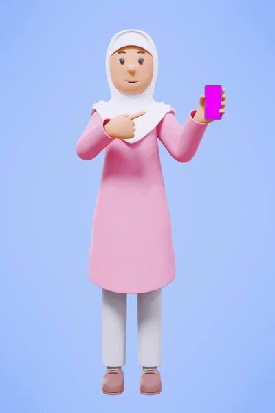 Muzułmanka Powitanie Wskazując Trzymając Telefon Podczas Uśmiechania Się Różową Koszulą — Zdjęcie stockowe
