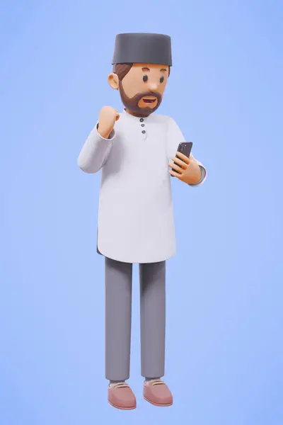 3d man muslim greeting, greeting, pointing and holding phone while smiling with white shirt