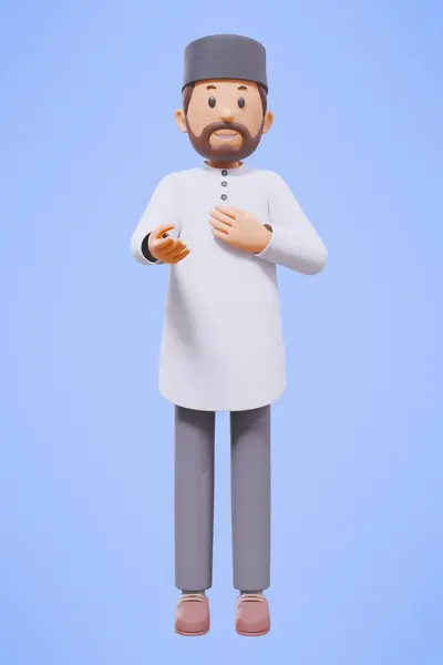 3d man muslim greeting, greeting, pointing and holding phone while smiling with white shirt