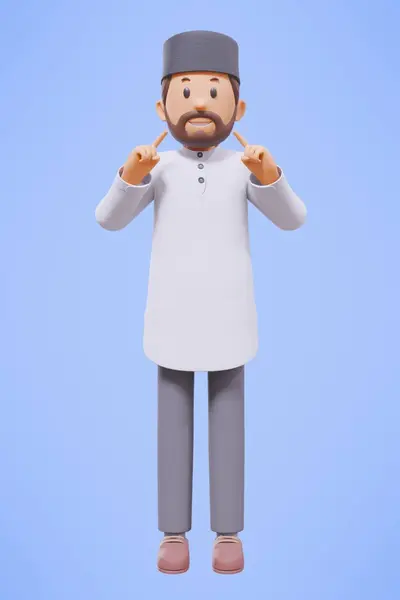 3D男イスラム教徒の挨拶 指差し ホワイトシャツで微笑んでいる間携帯電話を保持 — ストック写真