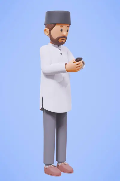 3d man muslim greeting, greeting, pointing and holding phone while smiling with white shirt