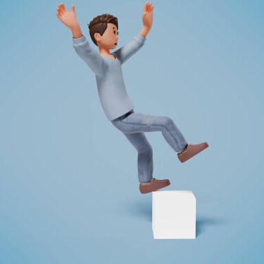 3D erkek karakteri mavi arkaplan ile kayıp düştü
