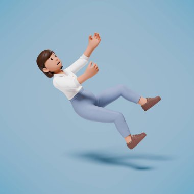 Beyaz elbiseli bir kadın kayıp mavi bir arka plana düştü.