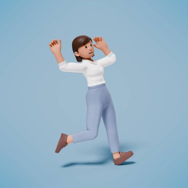 Beyaz elbiseli bir kadın kayıp mavi bir arka plana düştü.