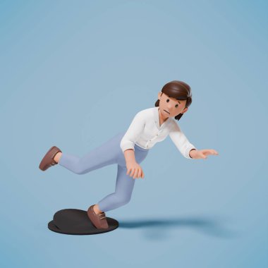 Beyaz elbiseli bir kadın kayıp mavi bir arka plana düştü.