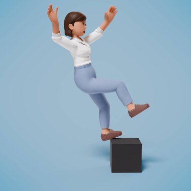 Beyaz elbiseli bir kadın kayıp mavi bir arka plana düştü.