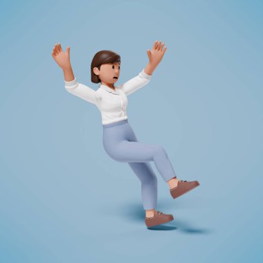 Beyaz elbiseli bir kadın kayıp mavi bir arka plana düştü.