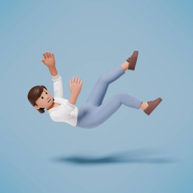 Beyaz elbiseli bir kadın kayıp mavi bir arka plana düştü.