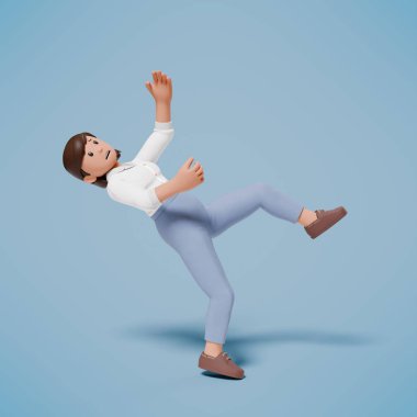 Beyaz elbiseli bir kadın kayıp mavi bir arka plana düştü.