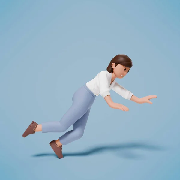 a woman in a white dress slips and falls against a blue background