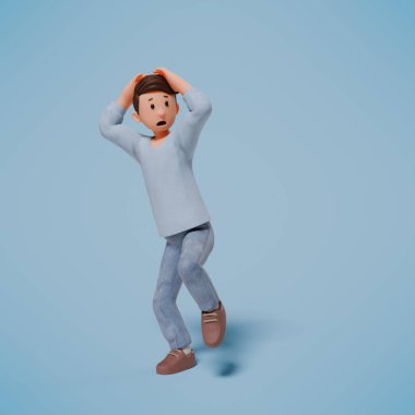 Mavi arka planda, şok olmuş, paniklemiş ve korkmuş bir karakterin 3 boyutlu çizimi