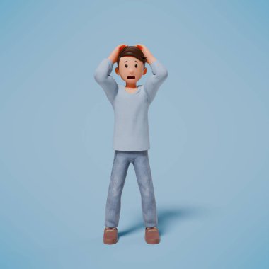 Mavi arka planda, şok olmuş, paniklemiş ve korkmuş bir karakterin 3 boyutlu çizimi