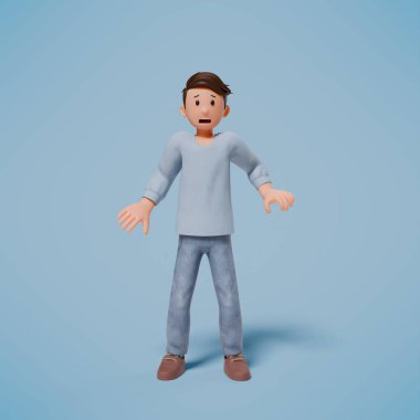 Mavi arka planda, şok olmuş, paniklemiş ve korkmuş bir karakterin 3 boyutlu çizimi
