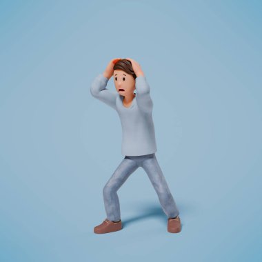 Mavi arka planda, şok olmuş, paniklemiş ve korkmuş bir karakterin 3 boyutlu çizimi