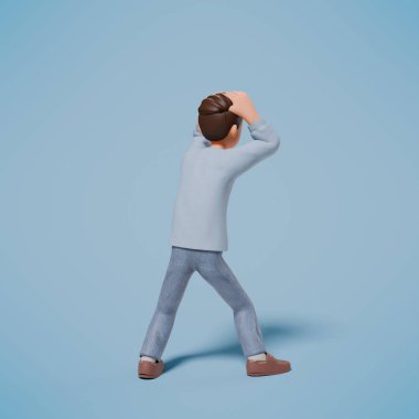 Mavi arka planda, şok olmuş, paniklemiş ve korkmuş bir karakterin 3 boyutlu çizimi