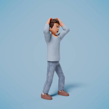Mavi arka planda, şok olmuş, paniklemiş ve korkmuş bir karakterin 3 boyutlu çizimi