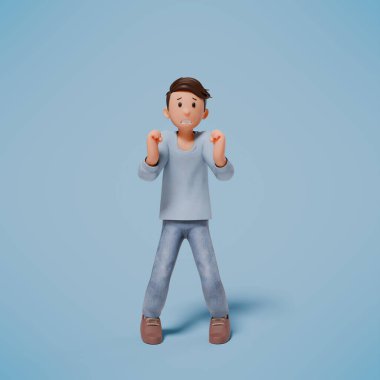 Mavi arka planda, şok olmuş, paniklemiş ve korkmuş bir karakterin 3 boyutlu çizimi