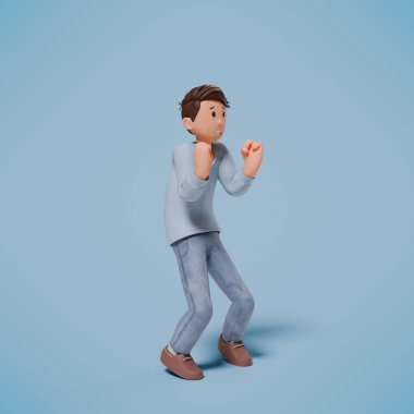 Mavi arka planda, şok olmuş, paniklemiş ve korkmuş bir karakterin 3 boyutlu çizimi