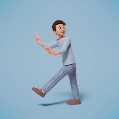 Mavi arka planda, şok olmuş, paniklemiş ve korkmuş bir karakterin 3 boyutlu çizimi