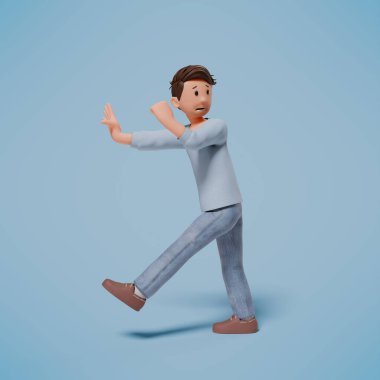 Mavi arka planda, şok olmuş, paniklemiş ve korkmuş bir karakterin 3 boyutlu çizimi