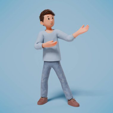 3D karakter bir şeylere işaret ediyor ve bir sürü ilginç jest yapıyor.