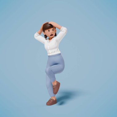 Mavi arka planda, şok olmuş, paniklemiş ve korkmuş bir karakterin 3 boyutlu çizimi