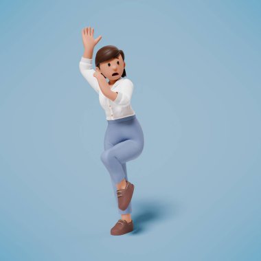 Mavi arka planda, şok olmuş, paniklemiş ve korkmuş bir karakterin 3 boyutlu çizimi