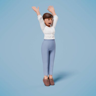 Mavi arka planda, şok olmuş, paniklemiş ve korkmuş bir karakterin 3 boyutlu çizimi