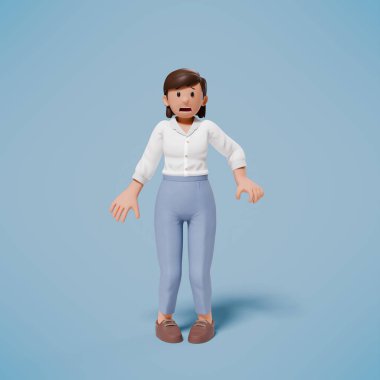 Mavi arka planda, şok olmuş, paniklemiş ve korkmuş bir karakterin 3 boyutlu çizimi