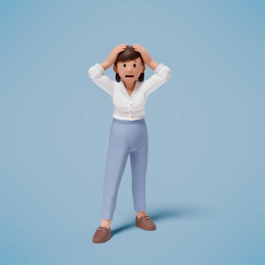 Mavi arka planda, şok olmuş, paniklemiş ve korkmuş bir karakterin 3 boyutlu çizimi