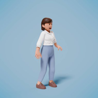 Mavi arka planda, şok olmuş, paniklemiş ve korkmuş bir karakterin 3 boyutlu çizimi