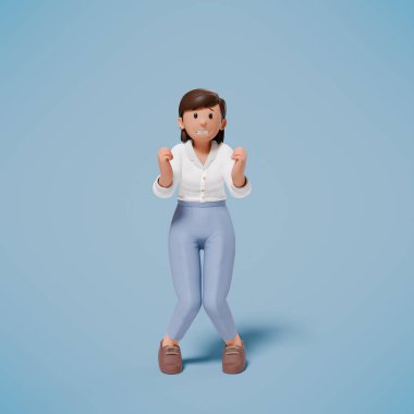 Mavi arka planda, şok olmuş, paniklemiş ve korkmuş bir karakterin 3 boyutlu çizimi