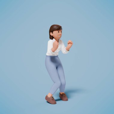 Mavi arka planda, şok olmuş, paniklemiş ve korkmuş bir karakterin 3 boyutlu çizimi