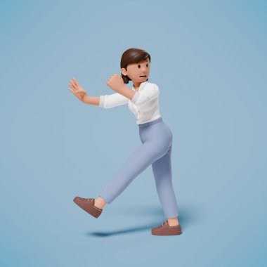 Mavi arka planda, şok olmuş, paniklemiş ve korkmuş bir karakterin 3 boyutlu çizimi