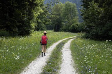 Kırsal kesimde kırmızı sırt çantalı bir kadın - Bohinj, Triglav Ulusal Parkı - Slovenya