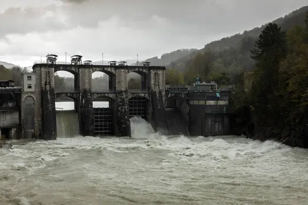 Doblar Dam at High Volume of Water in River Soca due to Torrential Rain and Severe Weather