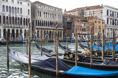 Venedik, Veneto, İtalya - 19 Şubat 2021 Venedik sokaklarında - Canale Grande Gondolas 'ta Sabah.