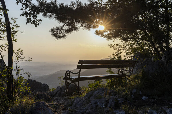 Resting Bench on top of a Hill at Sunset - Skozno, Slovenia
