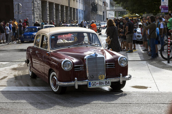 Nova Gorica, Slovenia - 28. August 2022: Old Vintage Car and Motorcycle Reunion Show in Town Center, Here an Old Mercedes from 60's