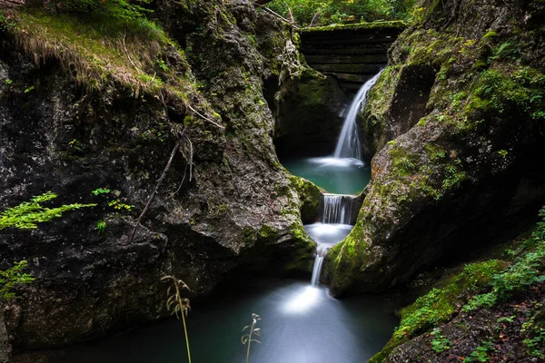 Cachoeira Dupla Gargantas Ganik Gorenja Trebua Eslovénia — Fotografia de Stock