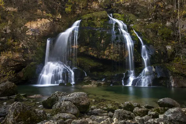 Idylický Alpský Vodopád Panny Marie Řece Gljun Města Bovec Julských — Stock fotografie
