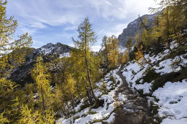 Alpine Trail to Famous Easy Hiking Destination of Slemenova Spica Autumn Winter Time in Julian Alps Slovenia