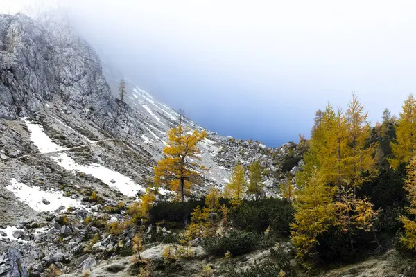 Reggel Nagy Magasságban Ősszel Julian Alpokban Útvonal Velika Mojstrovka Szlovénia — Stock Fotó