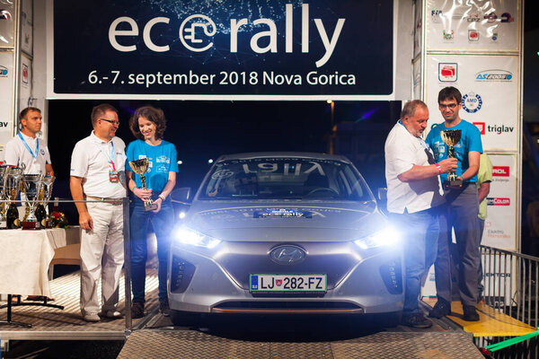Nova Gorica, Slovenia - September 07, 2018:  Eco Precision Drive Rally Competition Podium with Winning teams