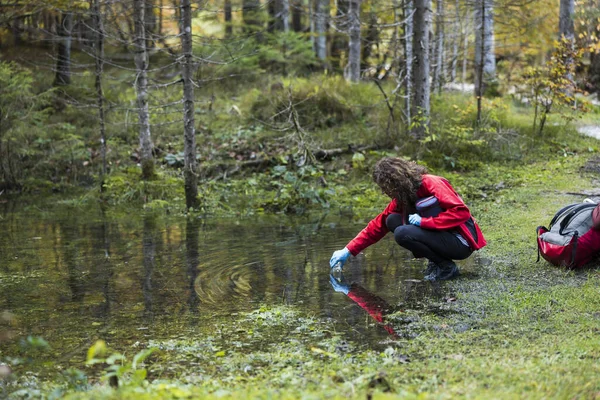 Biologa Ambientalista Donna Prendendo Campioni Acqua Suolo Ambiente Forestale — Foto Stock