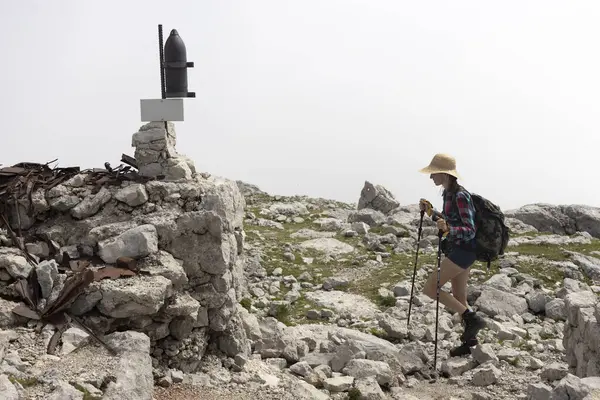 Female Tourist Hiker on a Memorial Alpine Trail of World War One - Batognica Mountain Slovenia